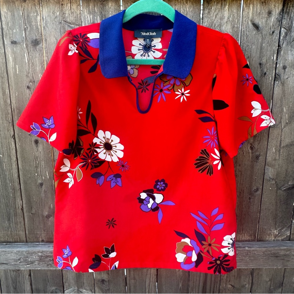 ModCloth Red Floral Peter-pan Collar Puff Short Sleeve Pin Up Rockabilly Sz M